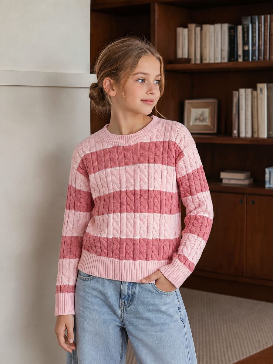 SHEIN Tween Girls Striped Colorblock Cable Knit Round Neck Long Sleeve Pullover Sweater, Casual Minimalist Comfortable Versatile Elegant Autumn/Winter Style - Pink - View 1