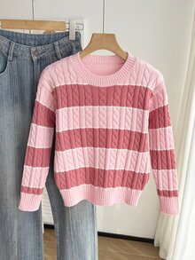 SHEIN Tween Girls Striped Colorblock Cable Knit Round Neck Long Sleeve Pullover Sweater, Casual Minimalist Comfortable Versatile Elegant Autumn/Winter Style - Pink - View 4