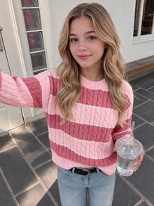 SHEIN Tween Girls Striped Colorblock Cable Knit Round Neck Long Sleeve Pullover Sweater, Casual Minimalist Comfortable Versatile Elegant Autumn/Winter Style - Pink - View 3