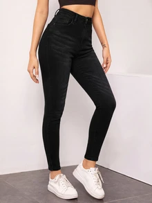 SHEIN Essnce 休閒水洗高腰修身牛仔褲 - 黑色 - 查看 5