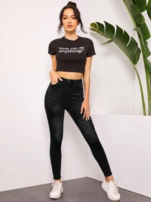 SHEIN Essnce 休閒水洗高腰修身牛仔褲 - 黑色 - 查看 3