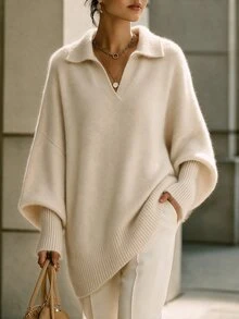 RosyDaze Women Oversized Polo Collar Balloon Sleeve Knit Sweater - Apricot - View 4