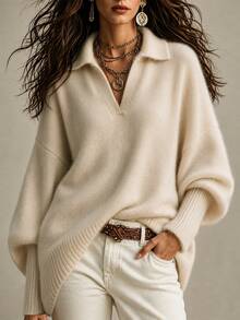 RosyDaze Women Oversized Polo Collar Balloon Sleeve Knit Sweater - Apricot - View 7