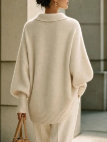 RosyDaze Women Oversized Polo Collar Balloon Sleeve Knit Sweater - Apricot - View 3
