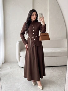 Celisse Women's Elegant Solid Color Button Detail Jacket And Maxi Skirt Set Suitable For Casual, Dating - Brown - View 5