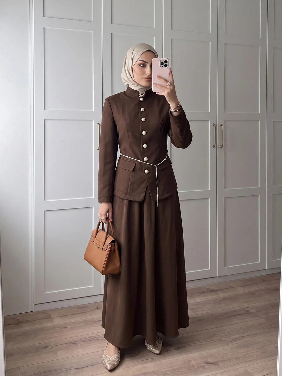Celisse Women's Elegant Solid Color Button Detail Jacket And Maxi Skirt Set Suitable For Casual, Dating - Brown - View 1