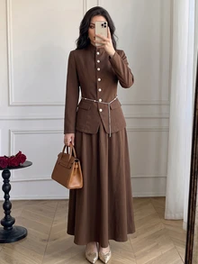 Celisse Women's Elegant Solid Color Button Detail Jacket And Maxi Skirt Set Suitable For Casual, Dating - Brown - View 4