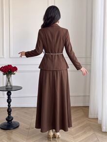 Celisse Women's Elegant Solid Color Button Detail Jacket And Maxi Skirt Set Suitable For Casual, Dating - Brown - View 2