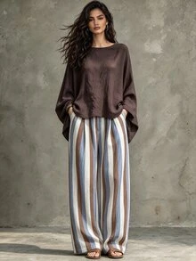 LUMIGAL Batwing Sleeve Tee & Contrast Striped Wide Leg Pants Set - Coffee Brown - View 4