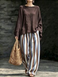LUMIGAL Batwing Sleeve Tee & Contrast Striped Wide Leg Pants Set - Coffee Brown - View 5