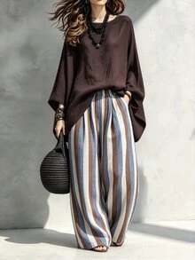LUMIGAL Batwing Sleeve Tee & Contrast Striped Wide Leg Pants Set - Coffee Brown - View 1