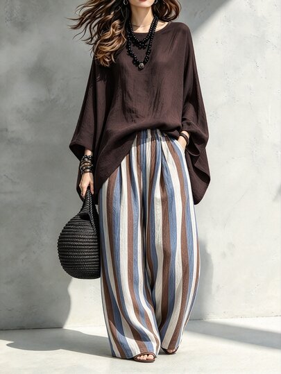 LUMIGAL Batwing Sleeve Tee & Contrast Striped Wide Leg Pants Set