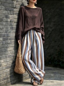 LUMIGAL Batwing Sleeve Tee & Contrast Striped Wide Leg Pants Set - Coffee Brown - View 3