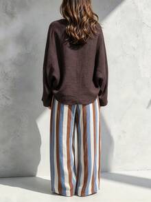 LUMIGAL Batwing Sleeve Tee & Contrast Striped Wide Leg Pants Set - Coffee Brown - View 2
