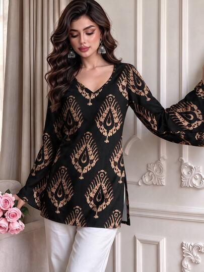 Rue Lumi Black Gold Print Peacock Water Drop Pattern Print Women's T-Shirt Top, Spring/Autumn Fashion V-Neck Waist-Cinching Side Slit Bell Sleeve Base Layer, Diwali Theme Casual Women's Outfit