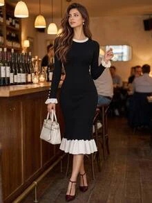 Editum Women's Round Neck Colorblock Casual French Elegant Daily Knit Dress Office Black And White Fall/Winter Christmas Festival Thanksgiving - Black and White - View 5