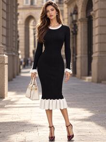 Editum Women's Round Neck Colorblock Casual French Elegant Daily Knit Dress Office Black And White Fall/Winter Christmas Festival Thanksgiving - Black and White - View 9