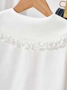 SHEIN 日韓風女童秋季薄款白色雪紡襯衫，甜美學院風優雅可愛蕾絲飾邊彼得潘領，可拆卸蝴蝶結，校園風 - 白色 - 查看 4