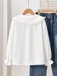 SHEIN 日韓風女童秋季薄款白色雪紡襯衫，甜美學院風優雅可愛蕾絲飾邊彼得潘領，可拆卸蝴蝶結，校園風 - 白色 - 查看 2