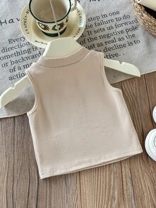 SHEIN 女嬰針織純色圓領修身休閒背心上衣 - 杏色 - 查看 2