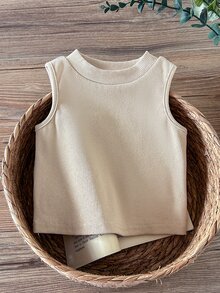 SHEIN 女嬰針織純色圓領修身休閒背心上衣 - 杏色 - 查看 6