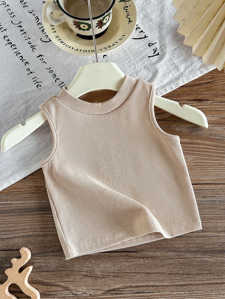 SHEIN Baby Girl Knit Solid Color Round Neck Fitted Casual Tank Top - Apricot - View 3