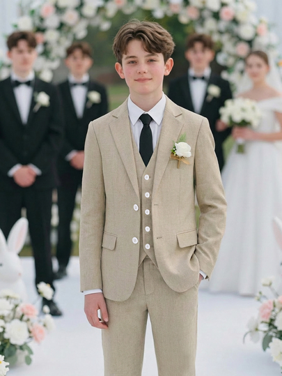 2件組青少年男孩紳士套裝，米色夏季單排扣西裝外套與長褲，優雅高端西裝套裝，適用生日派對、正式場合、婚禮