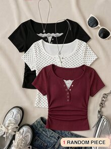 SHEIN Sparklyn Teen Girl Lace Patchwork Ruched Fitted Streetwear Cute Katseye Junior Short Sleeve T-Shirt Holiday Formal Black White Burgundy Summer Prom - Burgundy - View 2
