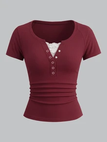 SHEIN Sparklyn Teen Girl Lace Patchwork Ruched Fitted Streetwear Cute Katseye Junior Short Sleeve T-Shirt Holiday Formal Black White Burgundy Summer Prom - Burgundy - View 7