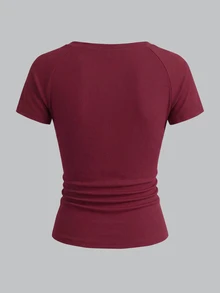 SHEIN Sparklyn Teen Girl Lace Patchwork Ruched Fitted Streetwear Cute Katseye Junior Short Sleeve T-Shirt Holiday Formal Black White Burgundy Summer Prom - Burgundy - View 3