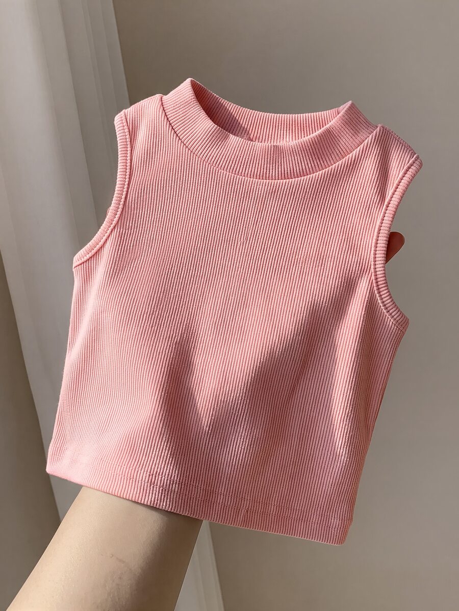 SHEIN Baby Girl Knitted Solid Color Round Neck Fitted Casual Tank Top - Baby Pink - View 1