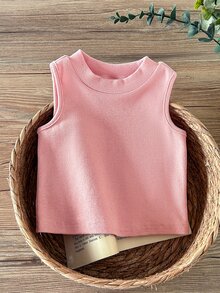 SHEIN Baby Girl Knitted Solid Color Round Neck Fitted Casual Tank Top - Baby Pink - View 3