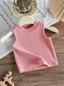 SHEIN Baby Girl Knitted Solid Color Round Neck Fitted Casual Tank Top - Baby Pink - View 5