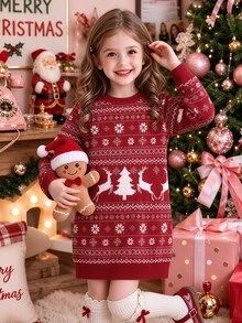 SHEIN Girls' Wine-Red Fair Isle Pattern Cute Long-Sleeve Casual Dress For Autumn And Winter, Suitable For Christmas Parties In Fall And Winter - Burgundy - View 3