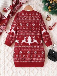 SHEIN Girls' Wine-Red Fair Isle Pattern Cute Long-Sleeve Casual Dress For Autumn And Winter, Suitable For Christmas Parties In Fall And Winter - Burgundy - View 2