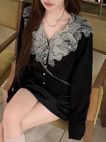 FRIFUL Sweater Lengan Panjang Wanita Model V-Neck Kasual Serbaguna untuk Pemakaian Sehari-hari - Hitam - View 8
