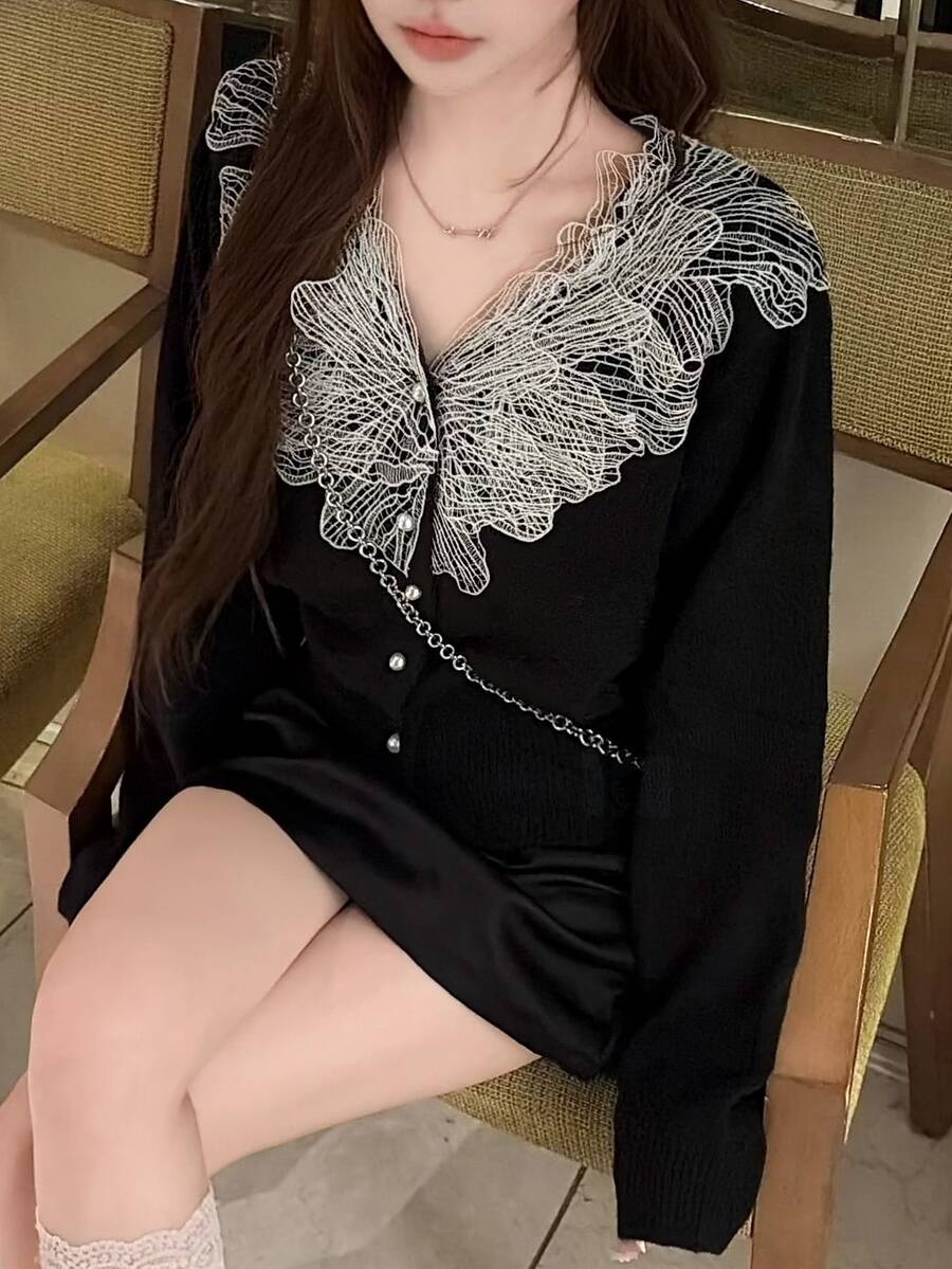 FRIFUL Women's V-Neck Casual Versatile Daily Wear Long Sleeve Sweater - Black - View 1