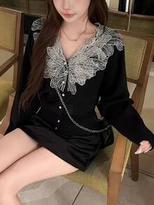 FRIFUL Sweater Lengan Panjang Wanita Model V-Neck Kasual Serbaguna untuk Pemakaian Sehari-hari - Hitam - View 6
