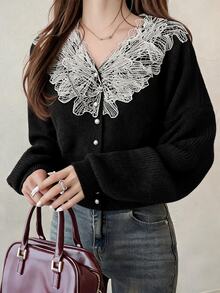 FRIFUL Sweater Lengan Panjang Wanita Model V-Neck Kasual Serbaguna untuk Pemakaian Sehari-hari - Hitam - View 9