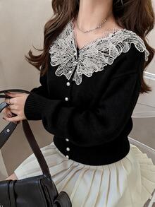 FRIFUL Sweater Lengan Panjang Wanita Model V-Neck Kasual Serbaguna untuk Pemakaian Sehari-hari - Hitam - View 1