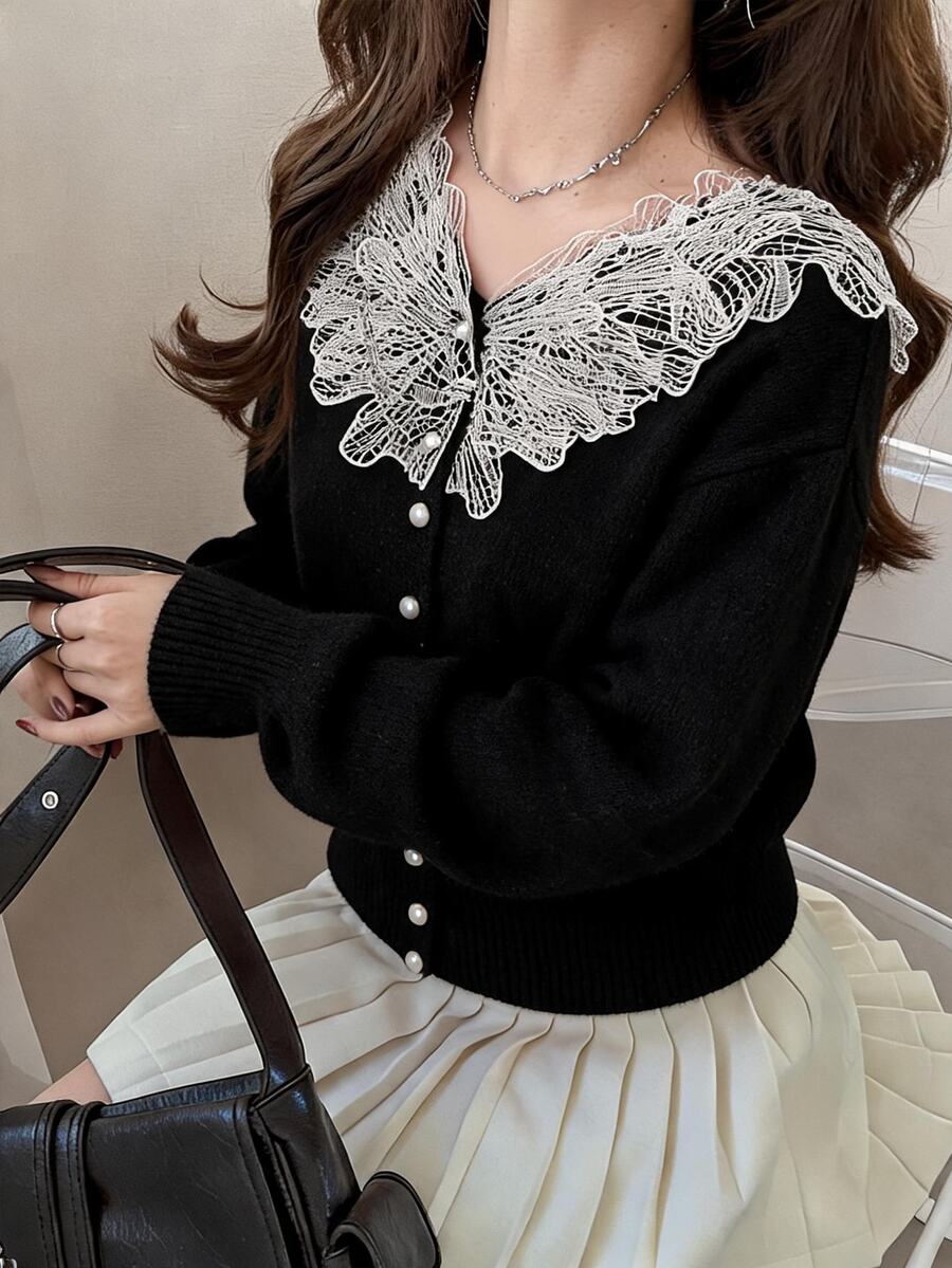 FRIFUL Sweater Lengan Panjang Wanita Model V-Neck Kasual Serbaguna untuk Pemakaian Sehari-hari - Hitam - View 1