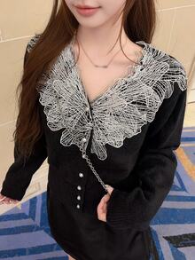 FRIFUL Sweater Lengan Panjang Wanita Model V-Neck Kasual Serbaguna untuk Pemakaian Sehari-hari - Hitam - View 7