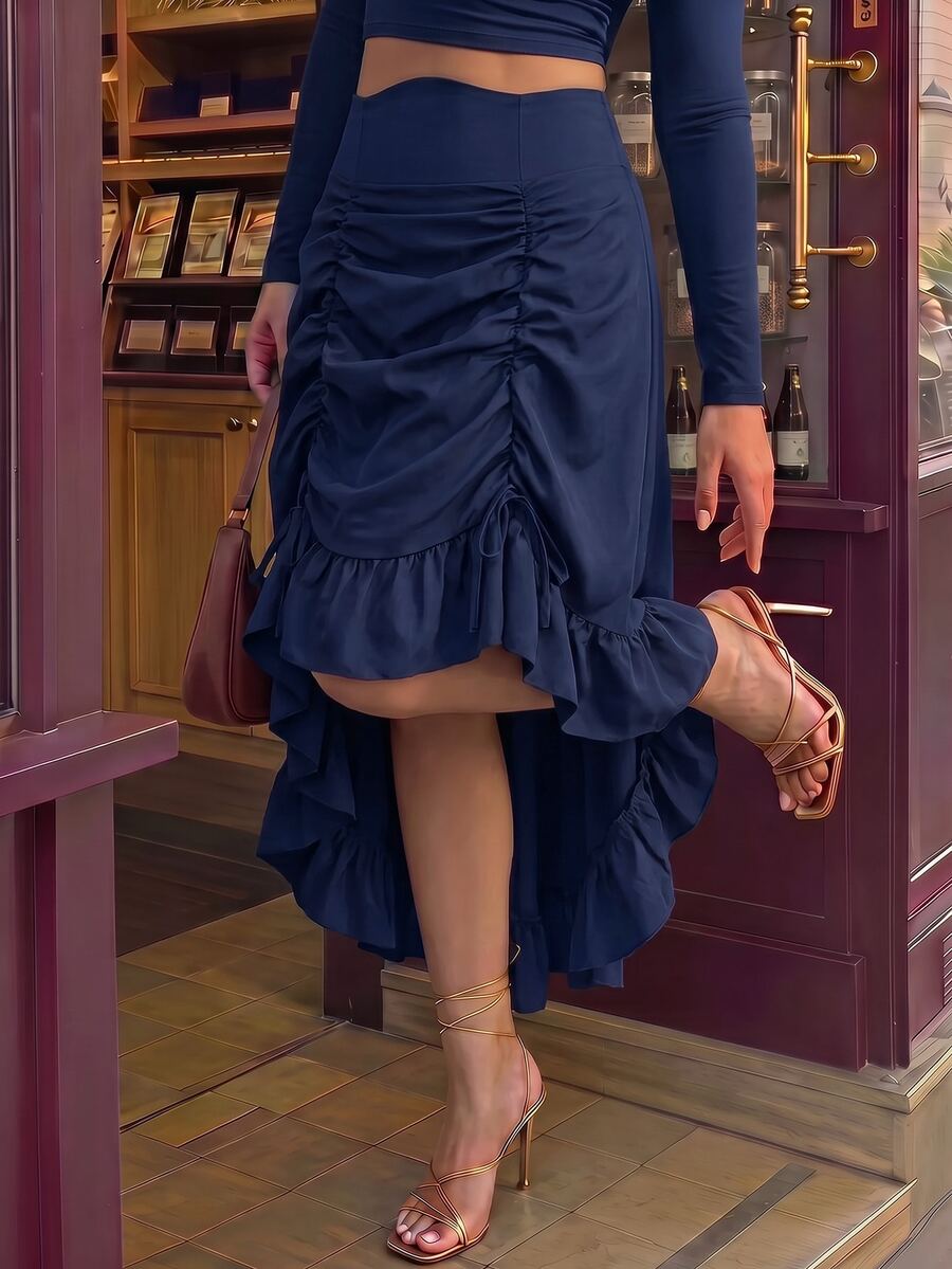 SHEIN MOD Plus Size High Waist Asymmetrical Hem Skirt,Adjustable Length Pleated Front Ruffle Reversible Design,Retro Renaissance Fair Goth Rave Autumn Black - Navy Blue - View 1