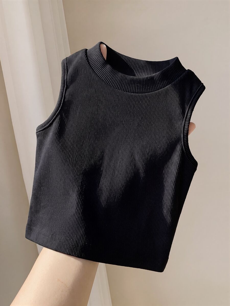 SHEIN 女嬰針織純色圓領修身休閒背心 - 黑色 - 查看 1