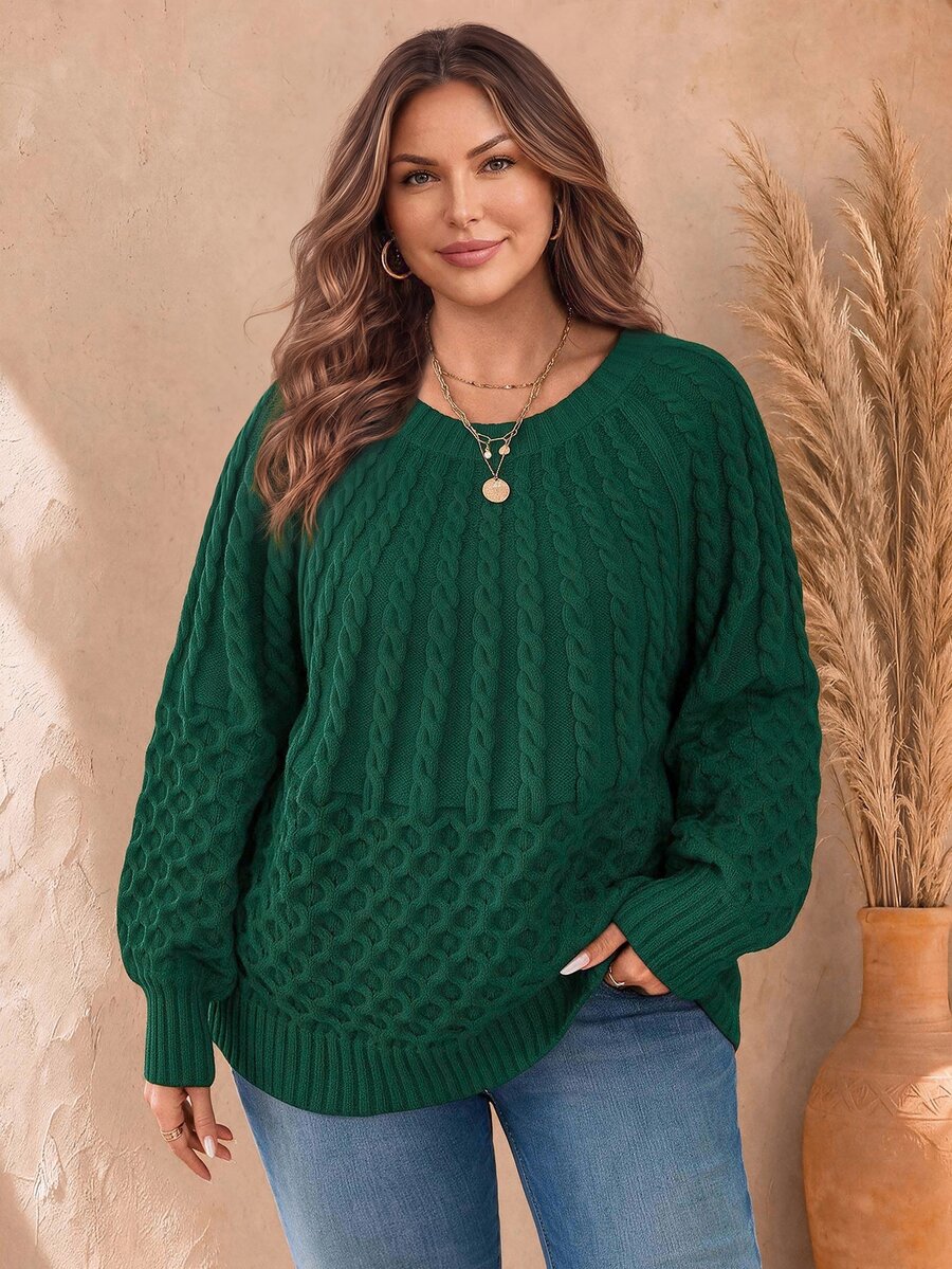 EMERY ROSE Plus Size Textured Crew Neck Relaxed Fit Sweater New Year Winter - Dark Green - View 1