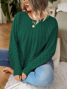 EMERY ROSE Plus Size Textured Crew Neck Relaxed Fit Sweater New Year Winter - Dark Green - View 3