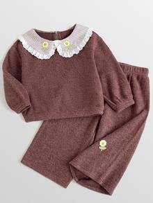 Maija Kids 女嬰彼得潘領花卉印花長袖衛衣與冬季長褲休閒日常套裝秋季 - 棕色 - 查看 5