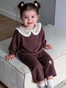 Maija Kids 女嬰彼得潘領花卉印花長袖衛衣與冬季長褲休閒日常套裝秋季 - 棕色 - 查看 3