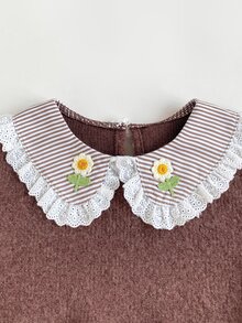 Maija Kids 女嬰彼得潘領花卉印花長袖衛衣與冬季長褲休閒日常套裝秋季 - 棕色 - 查看 2