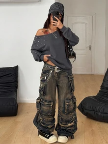 Coolane Women's Fall/Winter Rave Outfit Streetwear Sexy Y2k Chic Grunge Vintage Punk Goth Luxury Warm Sparkly Rivet Grey Off The Shoulder Sweatshirt - Grey - View 8